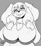  anthro big_breasts bra breasts canine clothing eyewear female glasses greyscale huge_breasts looking_at_viewer mammal monochrome ryousakai smile solo tongue tongue_out underwear 
