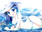  bikini blue_eyes blue_hair daefny hat highres hiradaira_chisaki jewelry long_hair lying nagi_no_asukara necklace on_side solo swimsuit water 