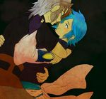  1girl aqua_(kingdom_hearts) bad_id bad_pixiv_id blue_eyes blue_hair brown_hair detached_collar fingerless_gloves gloves hug kingdom_hearts kingdom_hearts_birth_by_sleep multicolored_hair short_hair silver_hair spoilers terra_(kingdom_hearts) two-tone_hair yabu1306 yellow_eyes 