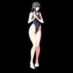  1girl bare_shoulders barefoot black_background black_hair clothed_navel collarbone competition_swimsuit ears feet female full_body game_cg green_eyes hands_together highleg highleg_swimsuit hime_cut hips kikutei_nanno legs long_hair looking_at_viewer multicolored_eyes one-piece_swimsuit shiruzaru simple_background solo standing swimsuit thigh_gap thighs toes tokunou_shirumamire! 