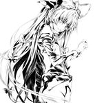  arm_garter bow fujiwara_no_mokou greyscale hair_bow hair_ribbon hellmary long_hair long_sleeves monochrome parted_lips ribbon smirk solo suspenders touhou tress_ribbon 