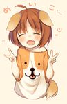  :d ahoge animal_ears borrowed_character brown_hair character_name dog_ears dog_tail double_v fang meiko_(inuarashi) off_shoulder open_mouth original smile solo tail v yamcha_(cocololi) 