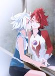  2boys child inazuma_eleven inazuma_eleven_(series) kiss male male_focus multiple_boys nagumo_haruya potti-p red_hair shorts soccer_uniform sportswear suzuno_fuusuke trap white_hair 