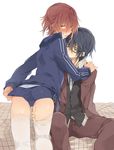  ass black_hair blue_eyes bulge buruma buruma_pull crossdressing fushimi_saruhiko glasses jacket k_(anime) konno_seara male_focus multiple_boys pink_legwear red_hair thighhighs track_jacket yaoi yata_misaki yellow_eyes 