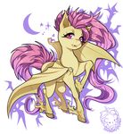  bat_pony equine fangs female feral flutterbat_(mlp) fluttershy_(mlp) friendship_is_magic fur hair hooves horse long_hair looking_at_viewer mammal milkydayy moon my_little_pony open_mouth pegasus pink_hair plain_background pony raised_hoof red_eyes solo standing stars white_background wings yellow_fur 