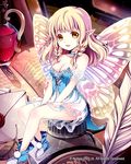  bare_shoulders blonde_hair book braid breasts butterfly_wings cleavage dress envelope fairy fairy_wings flask hair_over_shoulder inkwell long_hair medium_breasts minigirl original pointy_ears quill shoes solo tin_(wsp85205) twin_braids wings yellow_eyes 