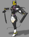  1girl animal_ears belt black_footwear black_hair black_legwear blake_belladonna boots cat_ears cleaver compound_eyes crossover gambol_shroud garter_straps gloves grey_gloves helmet high_heels highres kama_(weapon) kamen_rider katana kusarigama legwear_under_shorts long_hair long_sleeves pantyhose purple_scarf ramendriver ribbon rider_belt rwby scarf shorts sickle sword tokusatsu weapon yellow_eyes 