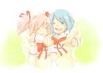  ;d arm_around_shoulder blue_eyes blue_hair closed_eyes hair_ornament hair_ribbon hairclip kaname_madoka mahou_shoujo_madoka_magica miki_sayaka multiple_girls one_eye_closed open_mouth pink_hair ribbon school_uniform short_hair short_twintails smile torakichi37 twintails 