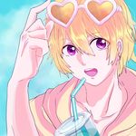  bad_id bad_pixiv_id blonde_hair drink drinking_straw free! hazuki_nagisa heart heart-shaped_eyewear male_focus open_mouth red_eyes solo sunglasses 