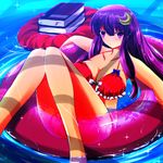  bikini book book_stack breasts cleavage collarbone crescent hair_ornament highres innertube large_breasts long_hair looking_at_viewer nekominase patchouli_knowledge purple_eyes purple_hair red_bikini solo swimsuit touhou water 