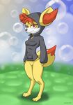  black_nose breasts bubble bubbles canine clothing eyelashes female fennec fennekin fox fur grass hair half-closed_eyes looking_at_viewer mammal nintendo pok&#233;mon pok&eacute;mon pokemon_amie red_eyes red_fur red_hair schwoo shadow small_breasts solo standing toes video_games white_fur yellow_fur 