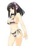  1girl bangs bare_shoulders beatmania beatmania_iidx bikini black_hair blunt_bangs blush breasts cleavage facial_mark female fingernails headphones highres hinazuki_ririna kinoshita_ichi long_fingernails long_hair looking_away midriff mound_of_venus multicolored_stripes navel o-ring_top red_eyes shiny shiny_skin side-tie_bikini simple_background solo standing striped striped_bikini striped_swimsuit swimsuit thighs white_background 