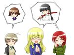  ahoge black_eyes black_hair blonde_hair braid brown_eyes brown_hair closed_eyes eyepatch glasses hair_ribbon isosceles_triangle_(xyzxyzxyz) lynette_bishop military military_uniform minna-dietlinde_wilcke miyafuji_yoshika multiple_girls perrine_h_clostermann red_hair ribbon sakamoto_mio strike_witches sword uniform weapon world_witches_series 