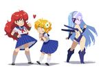  3girls blonde_hair bracer clenched_hand daitokuji_biko kotobuki_shiiko long_hair magami_eiko mariel_cartwright multiple_girls pixel_art project_a-ko red_hair school_uniform serafuku skirt 