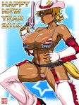  american_flag_bikini bikini blonde_hair blue_eyes breasts chaps cowboy_hat dark_skin earrings flag_print fringe_trim gun hat highres huge_breasts jewelry kurojiya micro_bikini nipple_slip nipples one_eye_closed original short_hair smile solo sweat swimsuit weapon 