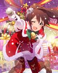  ;d artist_request bell bell_collar blue_eyes blush boots brown_hair christmas christmas_ornaments christmas_tree collar hair_ornament idolmaster idolmaster_million_live! lens_flare microphone official_art one_eye_closed open_mouth ponytail santa_costume satake_minako smile solo thighhighs 