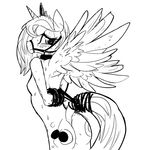  anthro anthrofied arms_behind_back bdsm black_and_white blush bondage bound breasts bridle butt crown cutie_mark equine female friendship_is_magic hair horn horse mammal mirapony monochrome my_little_pony nipples nude plain_background pony princess_luna_(mlp) raised_tail rope side_boob solo standing sweat white_background winged_unicorn wings 