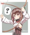  ? alternate_weapon armor arrow blush bow_(weapon) brown_eyes brown_hair dated drawing_bow flat_chest headband headgear holding holding_arrow holding_bow_(weapon) holding_weapon kantai_collection short_hair skirt solo sweatdrop taihou_(kantai_collection) takasaka_donten weapon you're_doing_it_wrong 