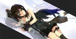  black_eyes black_hair breasts cleavage dress fingerless_gloves gloves lying nil on_side original parted_lips reflection revision small_breasts solo thigh_strap wings 