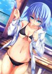  ass_visible_through_thighs bikini blue_eyes blue_hair day food highres hood hoodie mole off_shoulder open_clothes open_hoodie original popsicle short_hair solo swimsuit tongue tongue_out waruwarutsu wet 