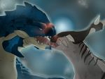  aptonoth blue_body blush dragon drooling duo eyes_closed gray_body grey_body horn interspecies kissing maggotscookie male monster_hunter open_mouth predator/prey_relations rathalos saliva sweat tears teeth tongue tongue_out video_games 