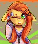  bow cherkivi equine female floppy_ears fluttershy_(mlp) friendship_is_magic green_eyes hair hoodie horse long_hair looking_at_viewer mammal my_little_pony one_eye_closed open_mouth pony solo teeth tongue zip zipper 