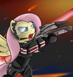  blue_eyes cutie_mark equine female feral fluttershy_(mlp) friendship_is_magic fur hair horse long_hair mammal mane mass_effect my_little_pony open_mouth pegasus pink_hair ranged_weapon solo space spread_wings standing stars teeth theparagon tongue visor weapon wings yellow_fur 