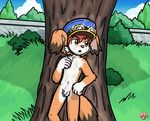  anthro balls black_nose blush brown_fur bushes cloud clouds cub cum cum_on_body cum_on_face eyewear fur goggles grass green_eyes hair hat male mamoru-kun navel nipples nude open_mouth outside penis red_hair sky solo standing tree twotails uncut white_fur young 