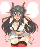  bent_over black_hair black_panties blush breasts brown_eyes fingerless_gloves gloves hairband i_b_b_e kantai_collection large_breasts long_hair looking_at_viewer miniskirt nagato_(kantai_collection) navel open_mouth panties skirt skirt_lift solo thighhighs underwear 