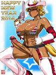  american_flag_bikini bikini blonde_hair blue_eyes breasts chaps cowboy_hat dark_skin earrings flag_print fringe_trim futanari gun hat high_heels highres huge_breasts huge_penis jewelry kurojiya micro_bikini navel nipple_slip nipples no_testicles one_eye_closed original penis puffy_nipples short_hair smile solo sweat swimsuit weapon 