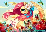  arthropod blush bow butterfly cloud clouds cyan_eyes day equine feathers female feral flower fluttershy_(mlp) friendship_is_magic fur hair hooves horse insect long_hair mammal my_little_pony outside pegasus pink_hair pony rose smile sparkles suikuzu wings yellow_fur 