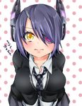  bad_id bad_pixiv_id breasts checkered checkered_neckwear eyepatch headgear iriehana kantai_collection large_breasts necktie polka_dot polka_dot_background purple_hair short_hair solo tears tenryuu_(kantai_collection) translated yellow_eyes 