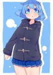  :o blue_eyes blue_hair blush coat inaka_keikou original saku_hinoko short_hair skirt sleeves_past_wrists solo standing 