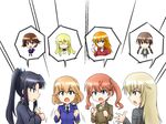  amelie_planchard black_hair blonde_hair blue_eyes brown_eyes brown_hair charlotte_e_yeager francie_gerard gertrud_barkhorn glasses green_eyes hair_ribbon hattori_shizuka helma_lennartz isosceles_triangle_(xyzxyzxyz) military military_uniform miyafuji_yoshika multiple_girls open_mouth orange_hair perrine_h_clostermann ponytail ribbon speech_bubble spoken_character strike_witches thumbs_up twintails uniform world_witches_series 