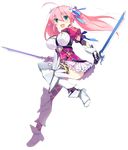  ahoge akifumi_orizawa armor armored_boots boots breasts dual_wielding flower full_body greaves green_hair hair_flower hair_ornament hair_ribbon highres holding holding_sword holding_weapon large_breasts long_hair open_mouth pink_hair puffy_sleeves ribbon short_sleeves skirt solo sword transparent_background twintails weapon 
