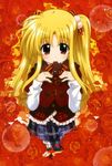  alicia_testarossa artist_request blonde_hair blush chocolate chocolate_heart flower frills heart highres long_hair long_sleeves lyrical_nanoha mahou_shoujo_lyrical_nanoha_innocent mouth_hold red_eyes smile solo sparkle two_side_up valentine 
