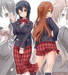  alternate_hair_color asm_(iambros) black_hair brown_eyes brown_hair chuunibyou_demo_koi_ga_shitai! dual_persona half_updo highres kneehighs long_hair long_skirt multiple_girls navy_blue_legwear nibutani_shinka one_eye_closed one_side_up plaid plaid_skirt school_uniform side_ponytail skirt waving white_legwear zoom_layer 