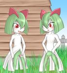  blush building duo female fence fid grass green_body green_hair hair holding_penis kirlia male nintendo open_mouth outside peeing penis pink_penis pok&#233;mon pok&eacute;mon pussy red_eyes sky standing urine video_games white_body wood 