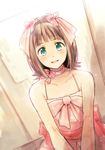  amami_haruka bare_shoulders blush brown_hair dress face green_eyes hair_ribbon idolmaster idolmaster_(classic) looking_at_viewer nogoodlife open_mouth ribbon short_hair smile solo 