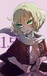  blonde_hair blush breasts cleavage completion_time flat_chest frown fur_trim green_eyes highres looking_to_the_side mizuhashi_parsee open_clothes open_mouth open_shirt partially_undressed pink_background pointy_ears scarf shirt short_hair simple_background solo thupoppo touhou tying 