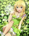  artist_request blonde_hair blush green_background green_eyes green_skirt hair_ornament hoshii_miki idolmaster idolmaster_(classic) idolmaster_million_live! jewelry long_hair necklace official_art open_mouth skirt smile solo spade_(shape) sparkle star star_hair_ornament 