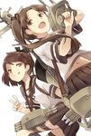  ayanami_(kantai_collection) bad_id bad_pixiv_id blush brown_eyes brown_hair cannon from_below hair_ribbon kantai_collection kuuga_(cf) long_hair looking_up multiple_girls ponytail ribbon school_uniform serafuku shikinami_(kantai_collection) short_hair side_ponytail skirt smile torpedo turret v 