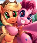  applejack_(mlp) blonde_hair blue_eyes cowboy_hat cutie_mark duo equine female forest freckles friendship_is_magic green_eyes hair hat horse life_jacket mammal my_little_pony outside pink_hair pinkie_pie_(mlp) pony red_eyes smile tree tsitra360 