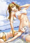  aliasse alicia_melchiott beach bikini breasts brown_eyes brown_hair day large_breasts long_hair morisu multiple_girls red_eyes senjou_no_valkyria senjou_no_valkyria_1 senjou_no_valkyria_2 silver_hair swimsuit twintails very_long_hair 