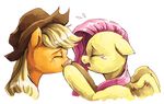  applejack_(mlp) audrarius band-aid blonde_hair cowboy_hat duo equine eyes_closed female feral fluttershy_(mlp) freckles friendship_is_magic fur hair hat horse long_hair mammal my_little_pony orange_fur pegasus pink_hair plain_background pony tears white_background wings 