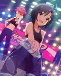  :d ;d black_hair bottle idolmaster idolmaster_(classic) idolmaster_million_live! kikuchi_makoto looking_at_viewer maihama_ayumu midriff multicolored_hair multiple_girls navel official_art one_eye_closed open_mouth pink_hair short_hair smile stage stage_lights towel water_bottle 