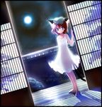  animal_ears barefoot brown_eyes brown_hair cat_ears cat_tail chen dress dutch_angle earrings fangs hat highres jewelry moon multiple_tails nekorin open_mouth see-through see-through_silhouette short_hair solo tail tatami tears touhou veranda 