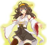  ahoge armpits blue_eyes brown_hair detached_sleeves hairband i_b_b_e japanese_clothes kantai_collection kongou_(kantai_collection) long_hair looking_at_viewer nontraditional_miko open_mouth ribbon-trimmed_sleeves ribbon_trim solo thighhighs wide_sleeves 