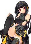  1girl arm_garter bangs bare_shoulders beatmania beatmania_iidx belt black_hair black_legwear blunt_bangs boots breast_hold breasts facial_mark female fingernails hand_on_knee head_tilt headphones highres hinazuki_ririna kinoshita_ichi large_breasts leg_lift legs long_fingernails long_hair looking_at_viewer panties pantyshot pantyshot_(sitting) pouch red_eyes shiny shiny_clothes shiny_skin simple_background sitting skirt sleeveless solo striped striped_panties thighhighs underwear uniform upskirt white_background 