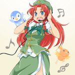  bad_id bad_pixiv_id blue_eyes braid chinese_clothes coco_nesta gen_3_pokemon gen_4_pokemon hair_ribbon hat headset hong_meiling long_hair microphone musical_note open_mouth piplup pokemon pokemon_(creature) red_hair ribbon star torchic touhou 